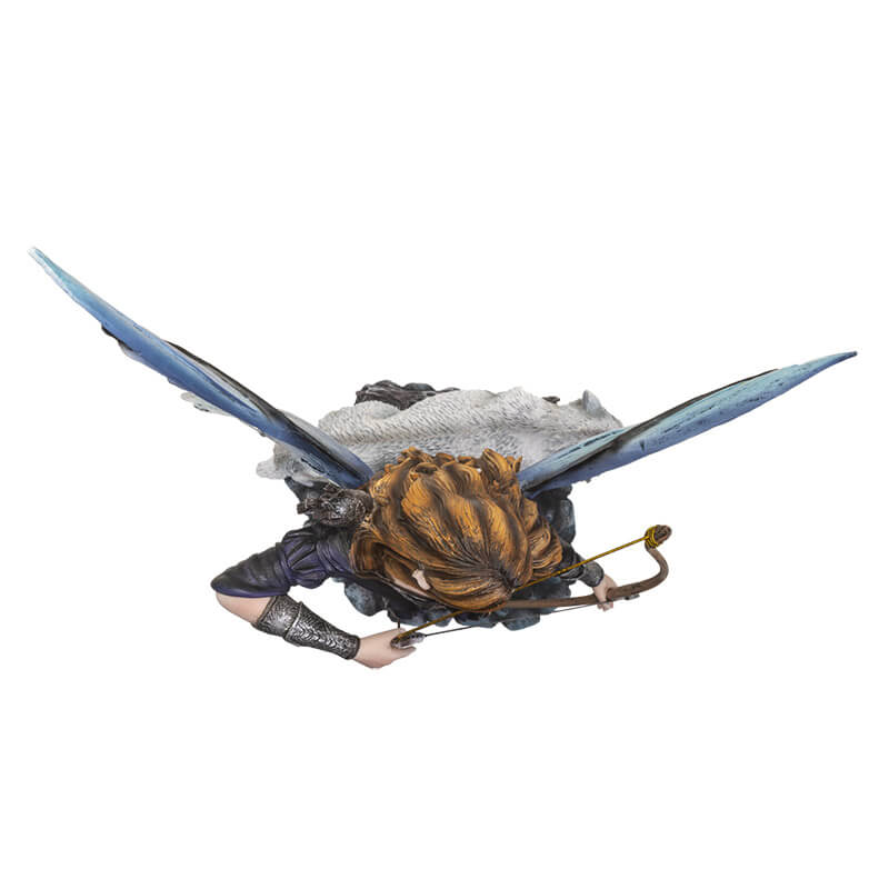 Brunette fairy archer in black dress with bow and white wolf companion. Shown from above