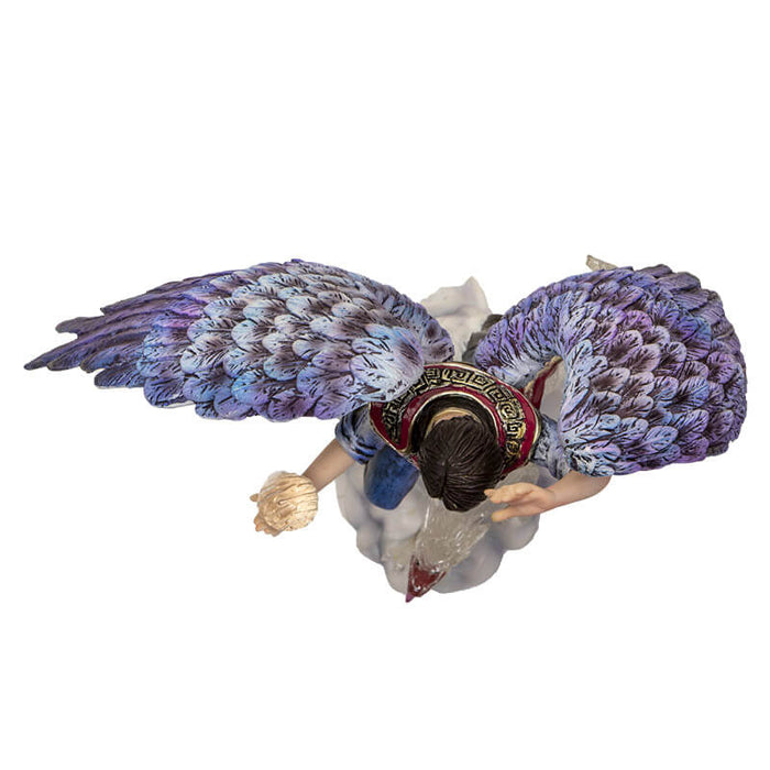 Air wizard with purple-blue feathered wings, standing on a cloud with a transparent white eastern dragon. The sorcerer has a ball of air energy in one hand and an outfit of red and blue. Shown top-down, from above