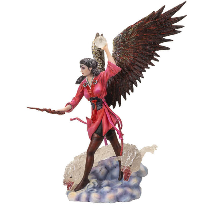 Sorceress in red dress with feathered wings. A sphere of air in one hand, wand in the other, and a pair of air elementals in the clouds at her feet.