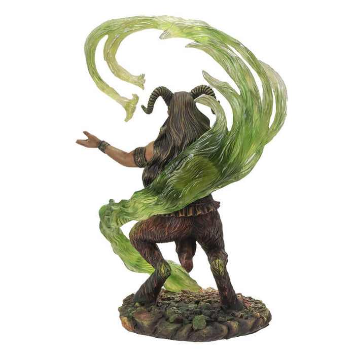 Satyr wizard with green magic flowing all around him. He has a set of panpipes and wears a loincloth over his faun goat legs, and horns grow from his head. Shown from behind