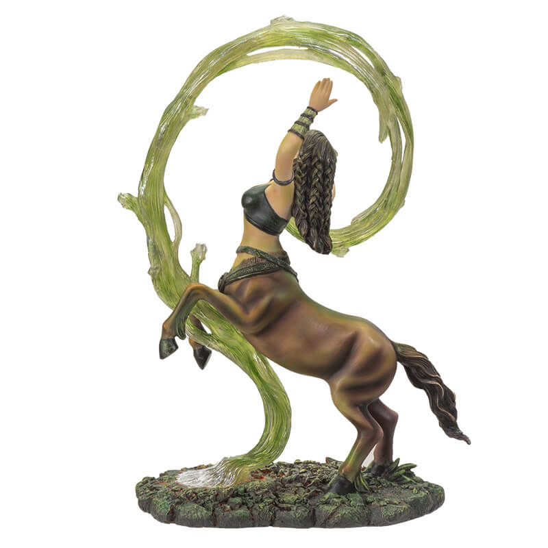Centaur sorceress rears up above the forest floor, commanding swirling green earth magic that encircles her. Figurine based upon the art of Anne Stokes. Shown from the back