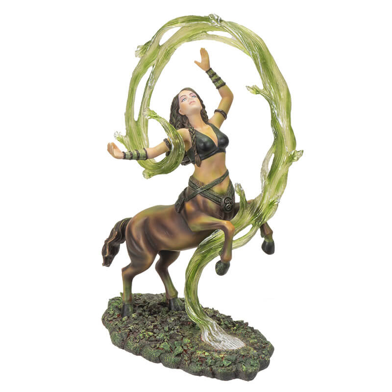 Centaur sorceress rears up above the forest floor, commanding swirling green earth magic that encircles her. Figurine based upon the art of Anne Stokes.