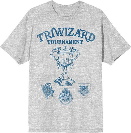 Triwizard Tournament t-shirt in gray with blue Harry Potter school Crest designs