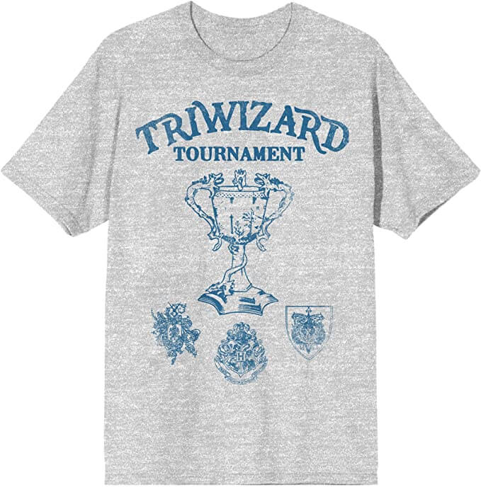 Triwizard Tournament t-shirt in gray with blue Harry Potter school Crest designs