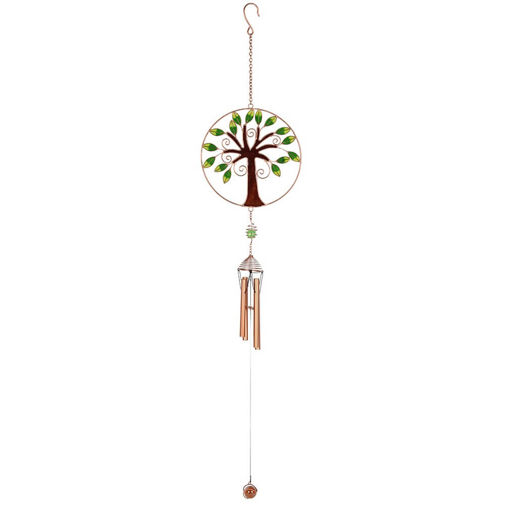 Windchime, circle at the top with a tree with green leaves, brown trunk, and chimes hanging below