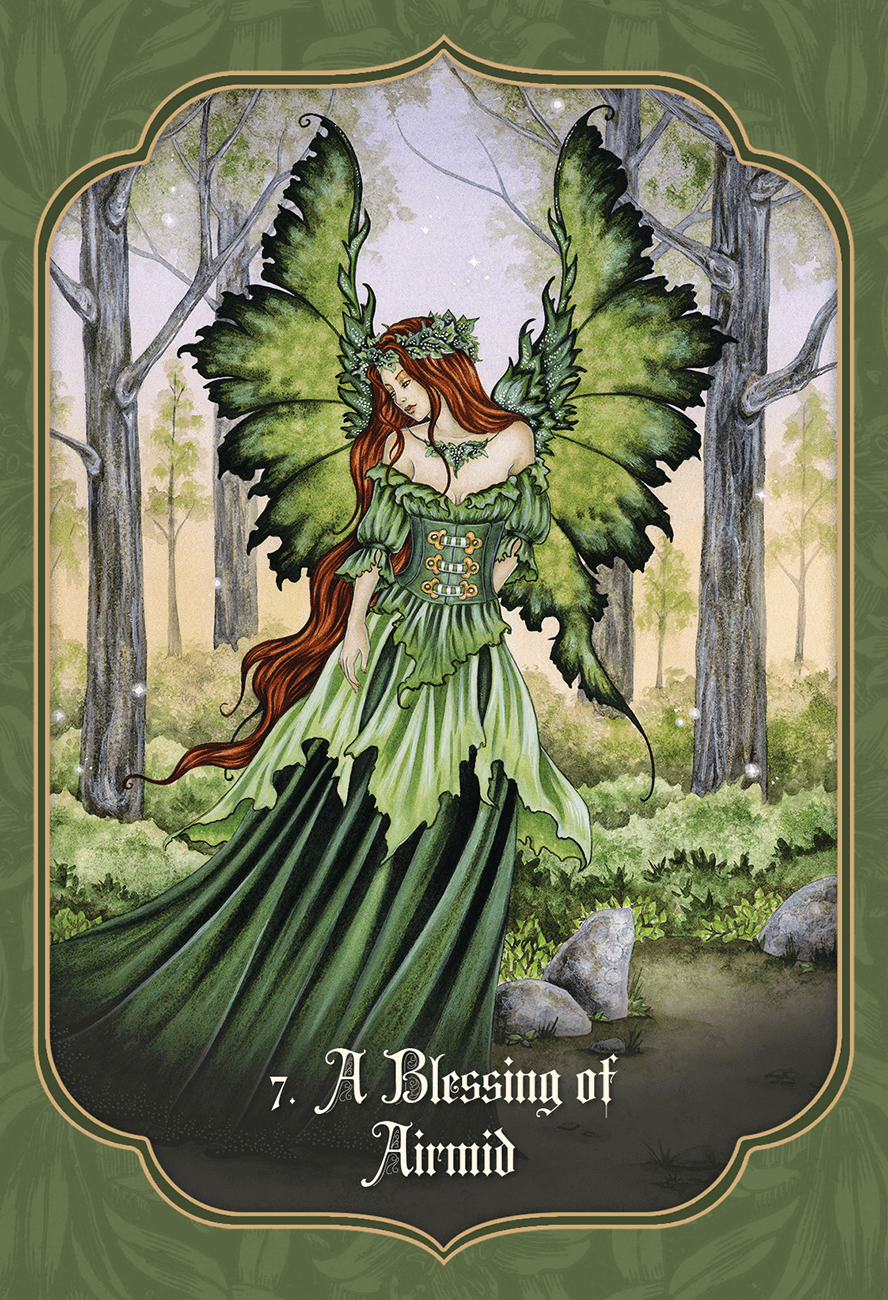 Card example. Art shows a fairy in green with green wings and brown hair in a forest. Text reads "7. A Blessing of Airmid"