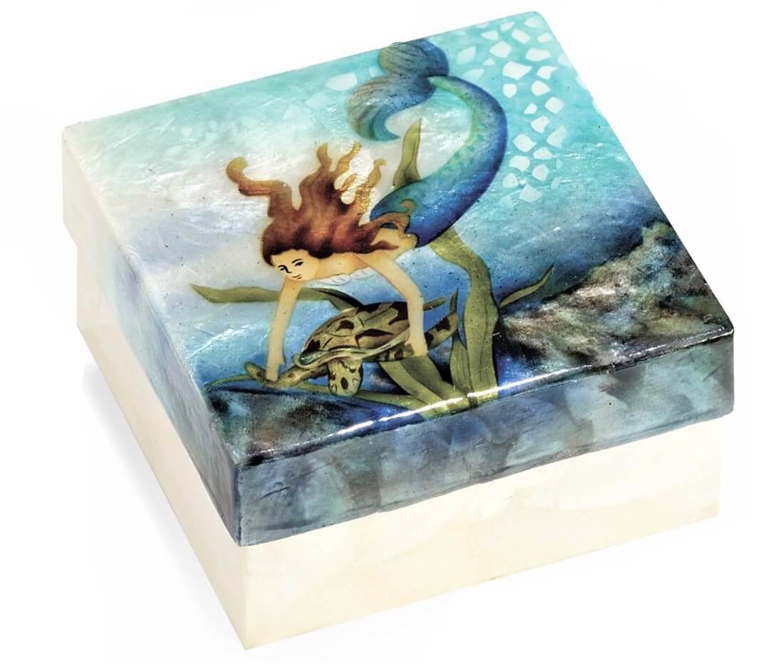 Square capiz shell box with a mermaid and turtle design o the lid