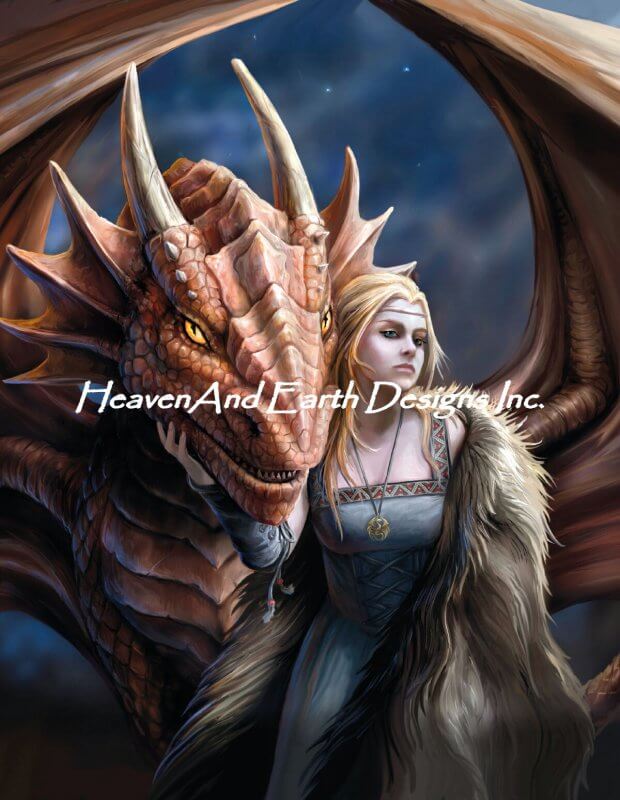 Friend or Foe artwork by Anne Stokes - A dragon and a woman gaze out judgingly. The dragon is red and the woman has blond hair and wears a gown and fur cloak.