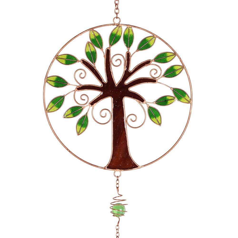 Windchime, circle at the top with a tree with green leaves, brown trunk, and chimes hanging below