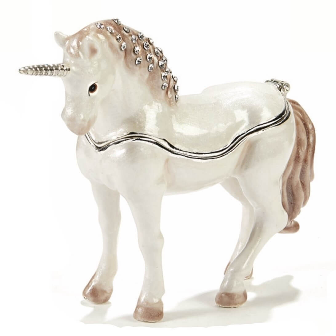 Unicorn trinket box. White pearly unicorn with a metallic horn and jeweled accents, and a tan mane, tail, and hooves. Opens at the silver seam to store small items.