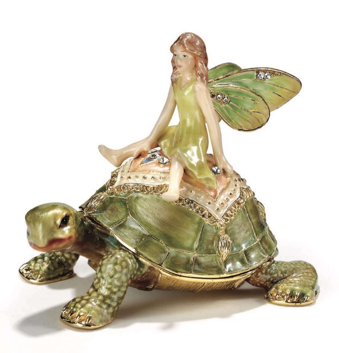 Enamel trinket box of fairy in green dress & wings riding on the back of a turtle with gold accents