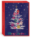 Christmas cards with text of "Merry Christmas" in rainbow font and a white tree decorated with colorful ornaments, with a blue background