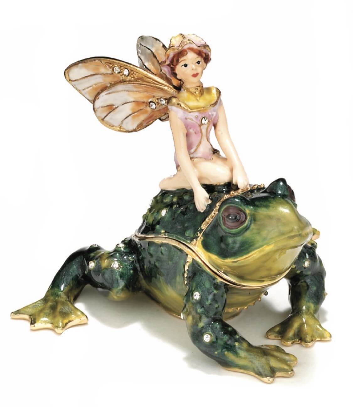 Enamel box of fairy in pink dress riding a green jeweled frog