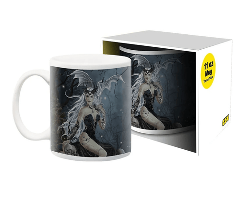Nene Thomas artwork of "Mad Queen" on a coffee mug - a sorceress in black with white hair and a white dragon on her shoulder sits upon a throne of human skulls
