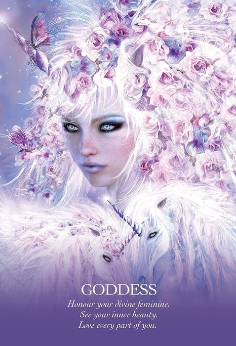 Card example. Text reads, "GODDESS Honor your divine feminine. See your inner beauty. Love every part of you." Art shows a woman's face with a mane of hair and roses and a unicorn horn
