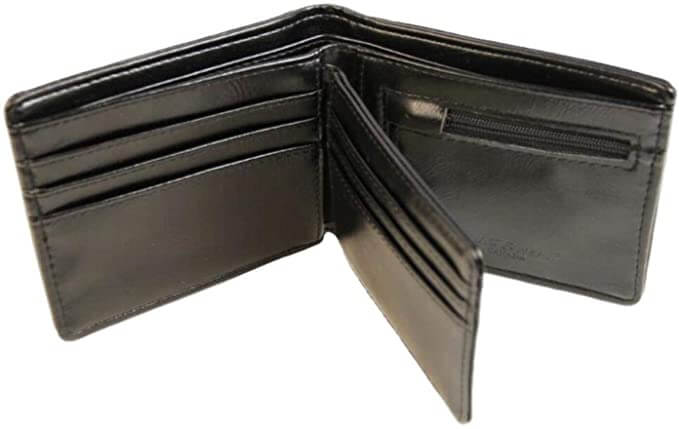 Open view of wallet showing pockets and compartments