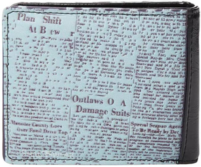 Back of wallet showing newsprint design