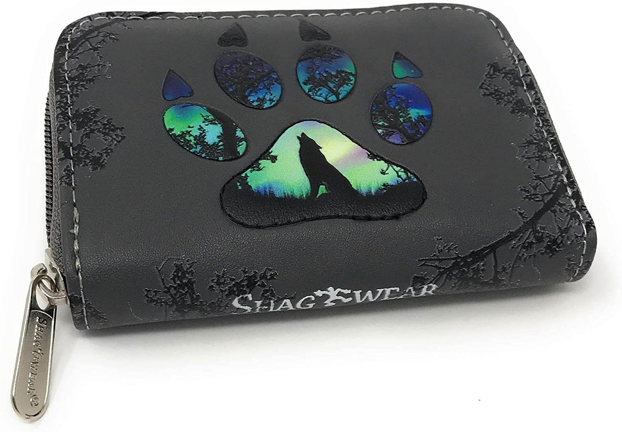 The dark gray change purse accessory has a pawprint on the front, where the silhouette of a howling wolf can be seen against aurora borealis colors.