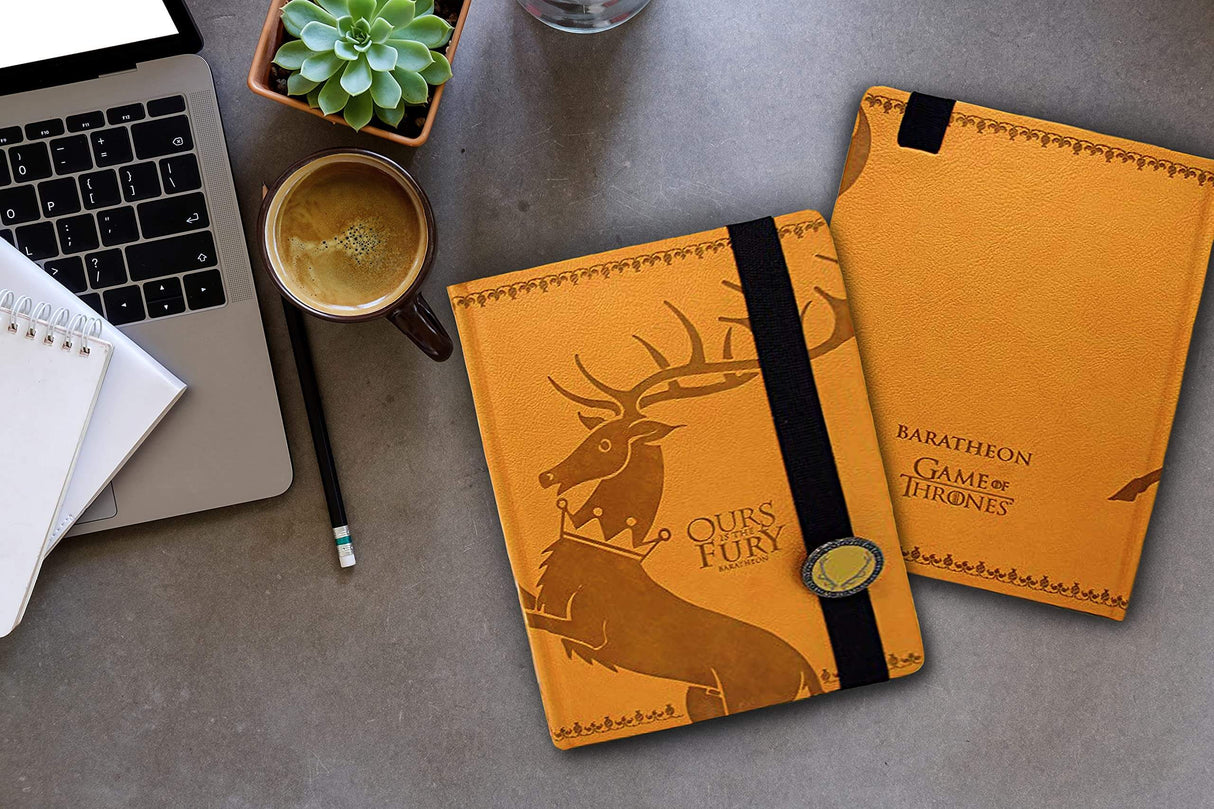 Baratheon journal shown on a desk