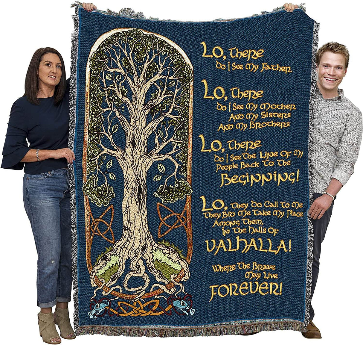 Tapestry Blanket with Viking Prayer held by two adults to show size