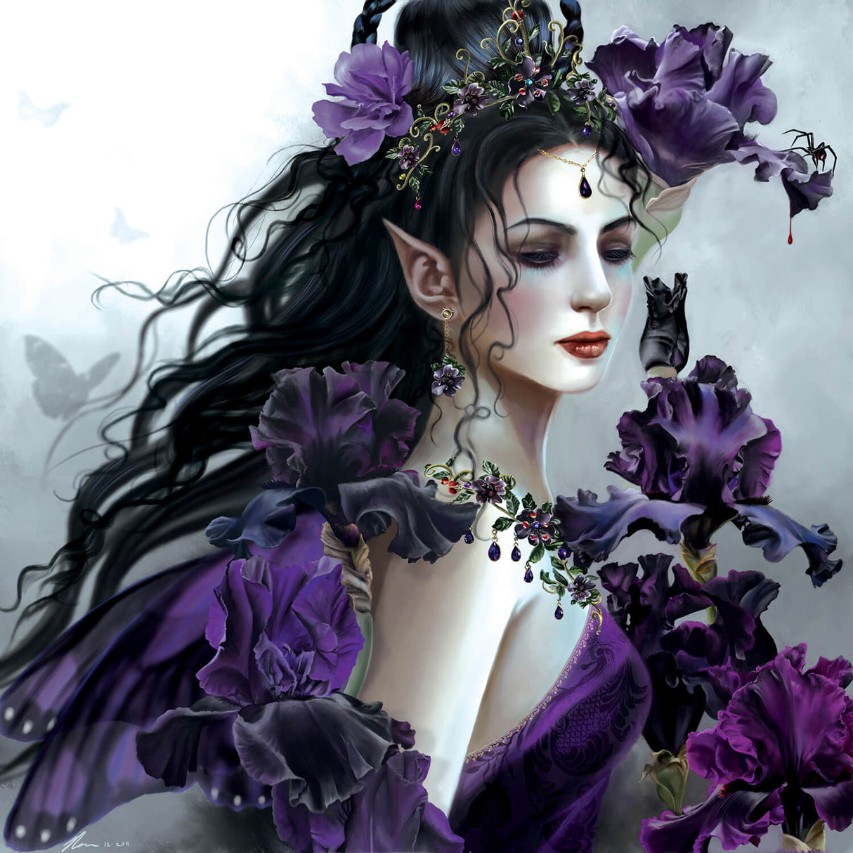This stunning jigsaw puzzle features the artwork of Nene Thomas. A lovely maiden with pal skin and black hair stands before you, clad in a purple dress. Rich violet and dusk hued iris flowers frame her, and ornate gemstone jewelry provide yet more detail.