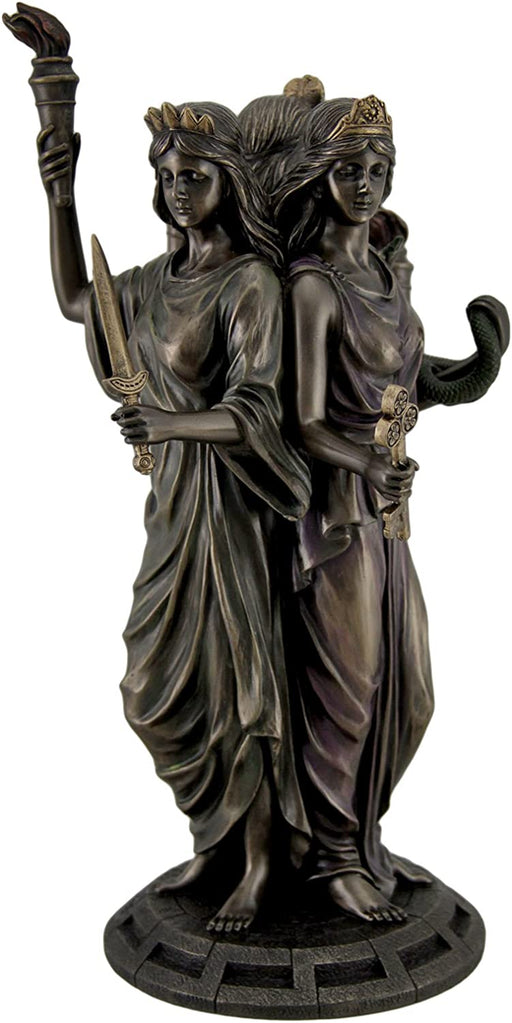 Hecate in triple goddess form. Two figures shown, one holding a dagger and one holding a key, a third visible behind