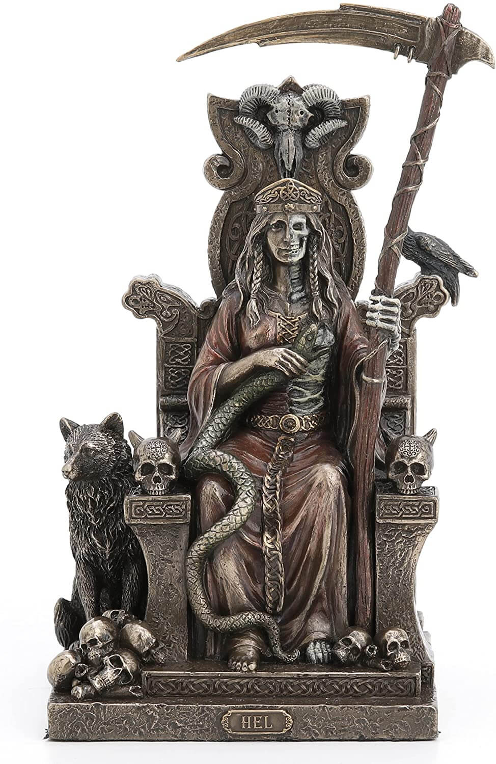 Hel presides over the underworld in Norse mythology. Daughter of Loki, she is sister to the wolf Fenrir and the serpent Jormungand. Here, she sits upon her throne, half skeletal, with her scythe.. Serpent and wolf, raven and skull all keep her company.