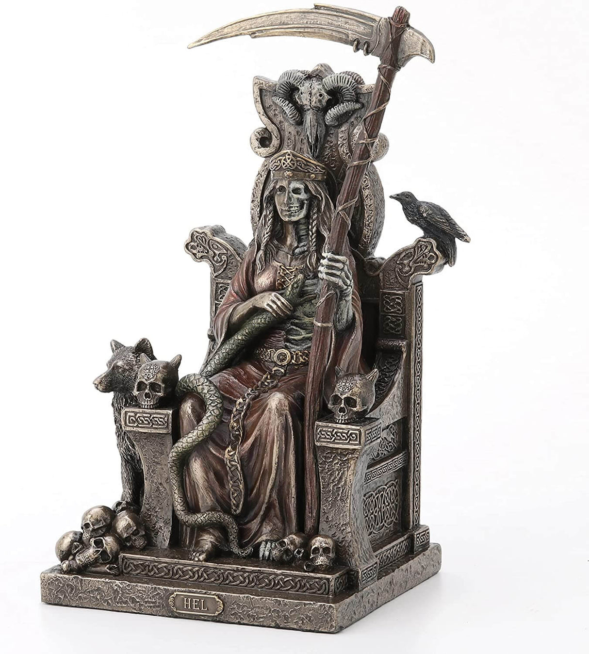 Hel presides over the underworld in Norse mythology. Daughter of Loki, she is sister to the wolf Fenrir and the serpent Jormungand. Here, she sits upon her throne, half skeletal, with her scythe.. Serpent and wolf, raven and skull all keep her company.