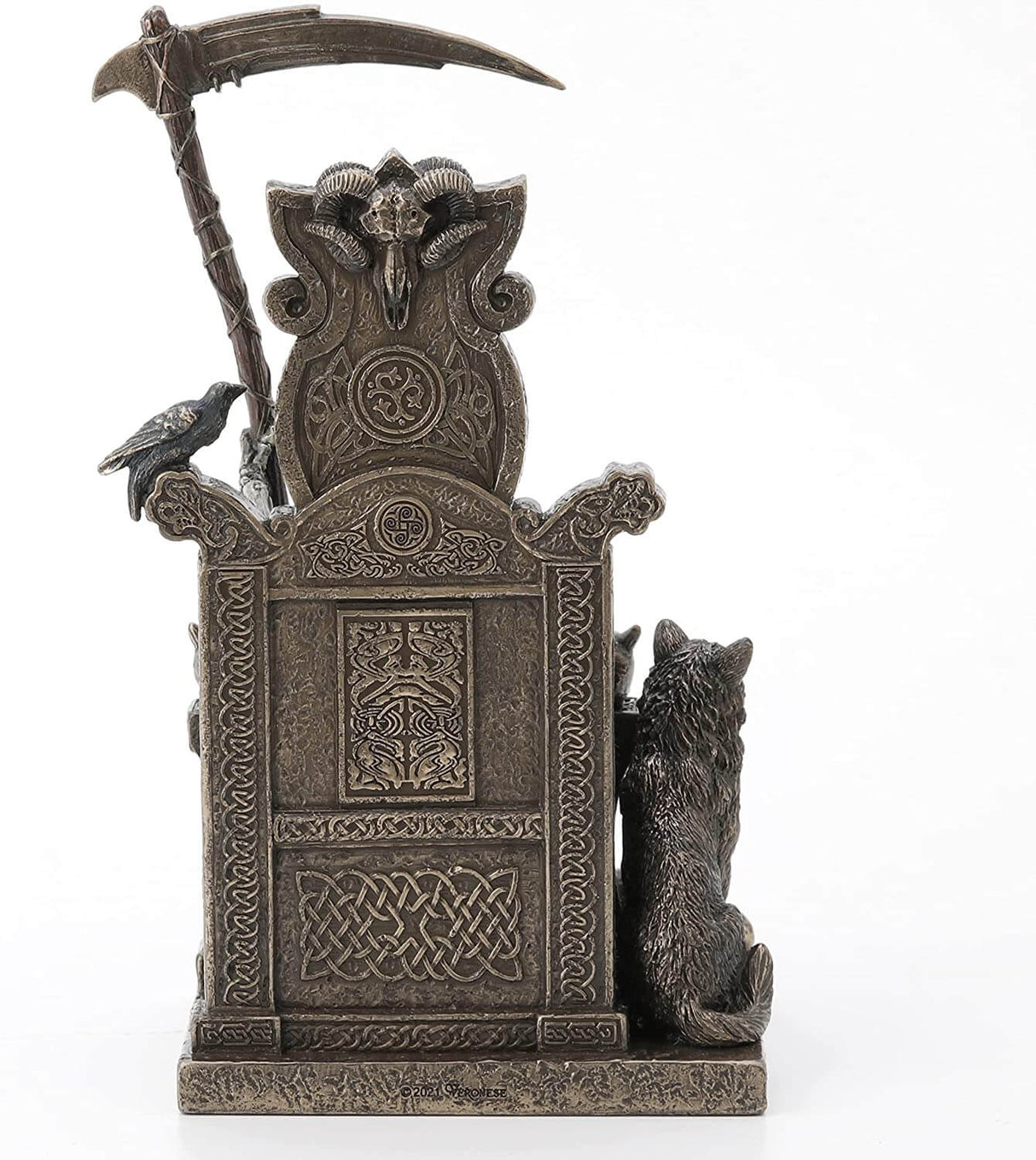 Hel presides over the underworld in Norse mythology. Daughter of Loki, she is sister to the wolf Fenrir and the serpent Jormungand. Here, she sits upon her throne, half skeletal, with her scythe.. Serpent and wolf, raven and skull all keep her company.