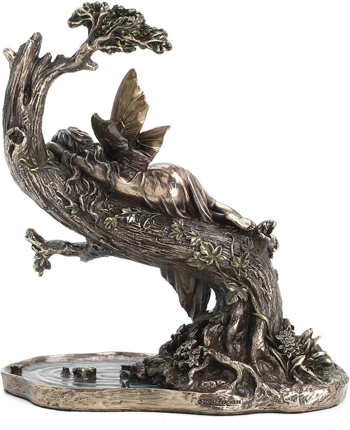 Back view - Fairy in pink dress slumbering on a tree with ivy vines above a pond. Done in metal colors with subtle hues overlaid