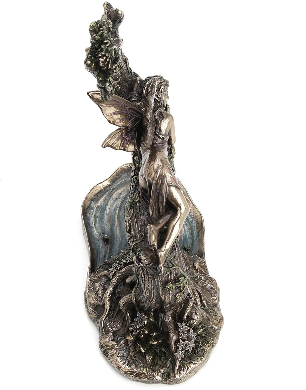 Top down view of Fairy in pink dress slumbering on a tree with ivy vines above a pond. Done in metal colors with subtle hues overlaid