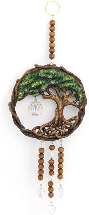 Tree of Life wall hanging with green leaves and brown branches, with a dangling pendant and wooden beads with hearts