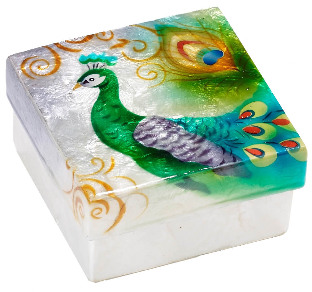 Square capiz shell box with a green peacock on the lid