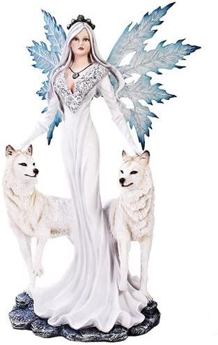 Fairy queen in a white dress with pale hair and blue wings. She stands with two white wolves, a hand on each of their heads. Large size