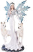 Fairy queen in a white dress with pale hair and blue wings. She stands with two white wolves, a hand on each of their heads. Large size