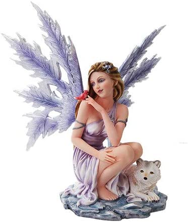 Winter fairy with purple snowflake wings and a red cardinal on her shoulder. A wolf pup sits next to her