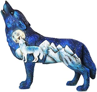 Blue wolf figurine with an image on its side of a howling wolf in the arctic