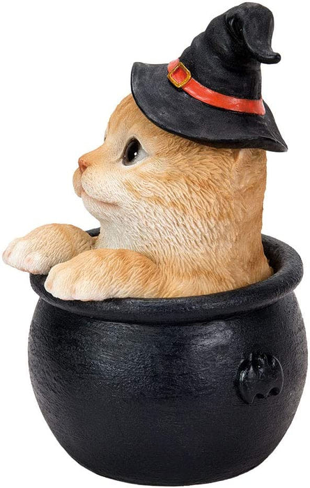 Orange tabby kitten in a witch hat, sitting in a black cauldron. Side view
