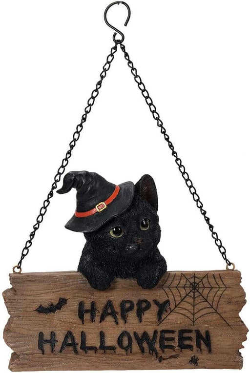 Black Kitten in witch hat hanging on a "Happy Halloween" sign, with chain for displaying.
