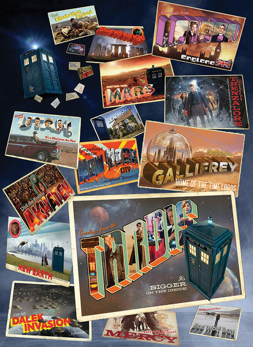 Postcards from all over the Doctors' travels are displayed, along with some iconic scenes and sights, like the Tardis!