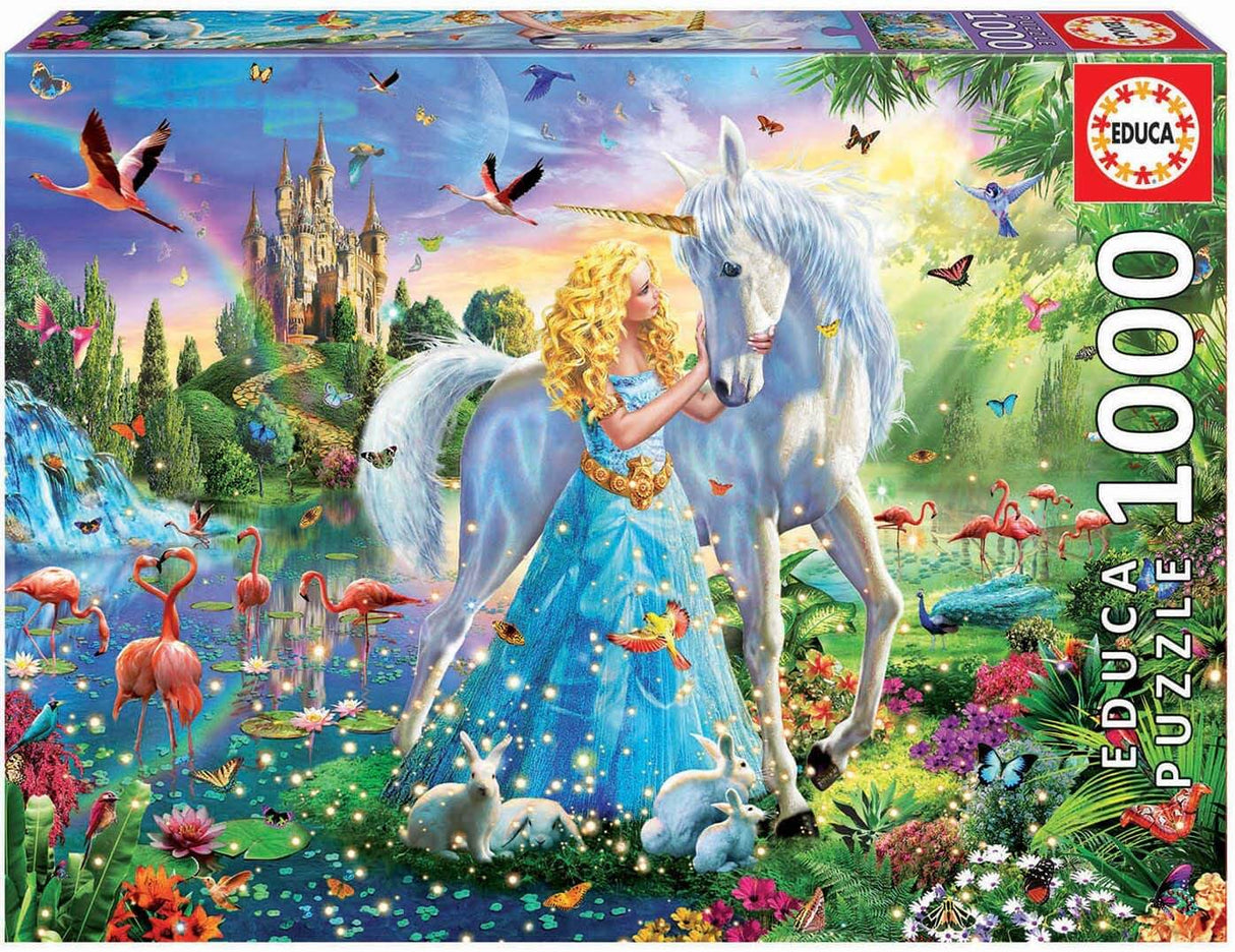 1000 piece jigsaw puzzle by Educa featuring a princess in a blue dress with blond hair and a white unicorn. Butterflies and birds fly around them, and there are also flamingos, a peacock, and bunnies. A castle is in the background and there are flowers everywhere!