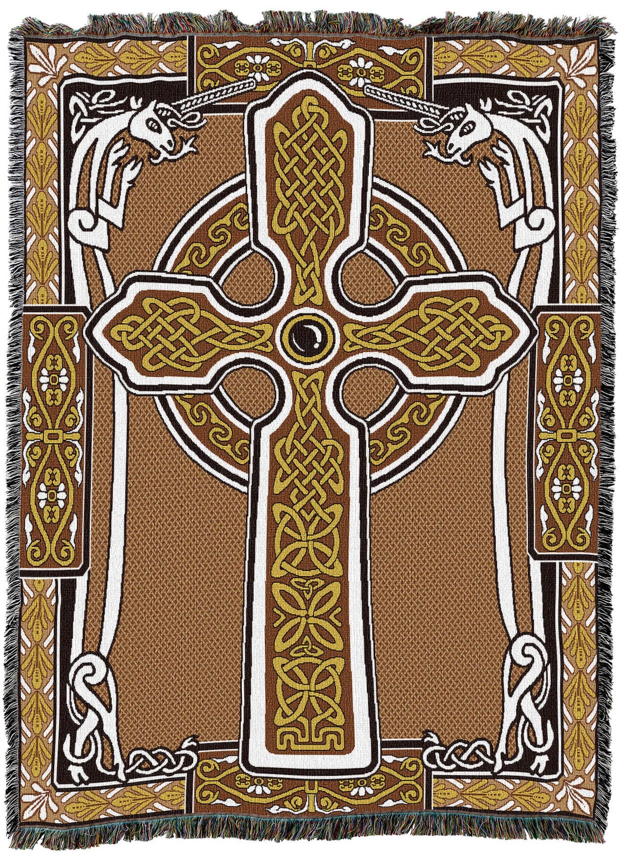 Tapestry throw blanket in shades of brown and gold with a Celtic cross and white unicorns