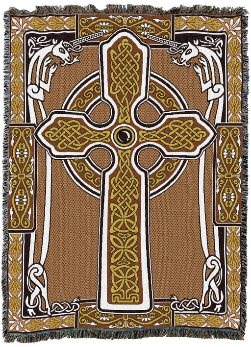 Tapestry throw blanket in shades of brown and gold with a Celtic cross and white unicorns