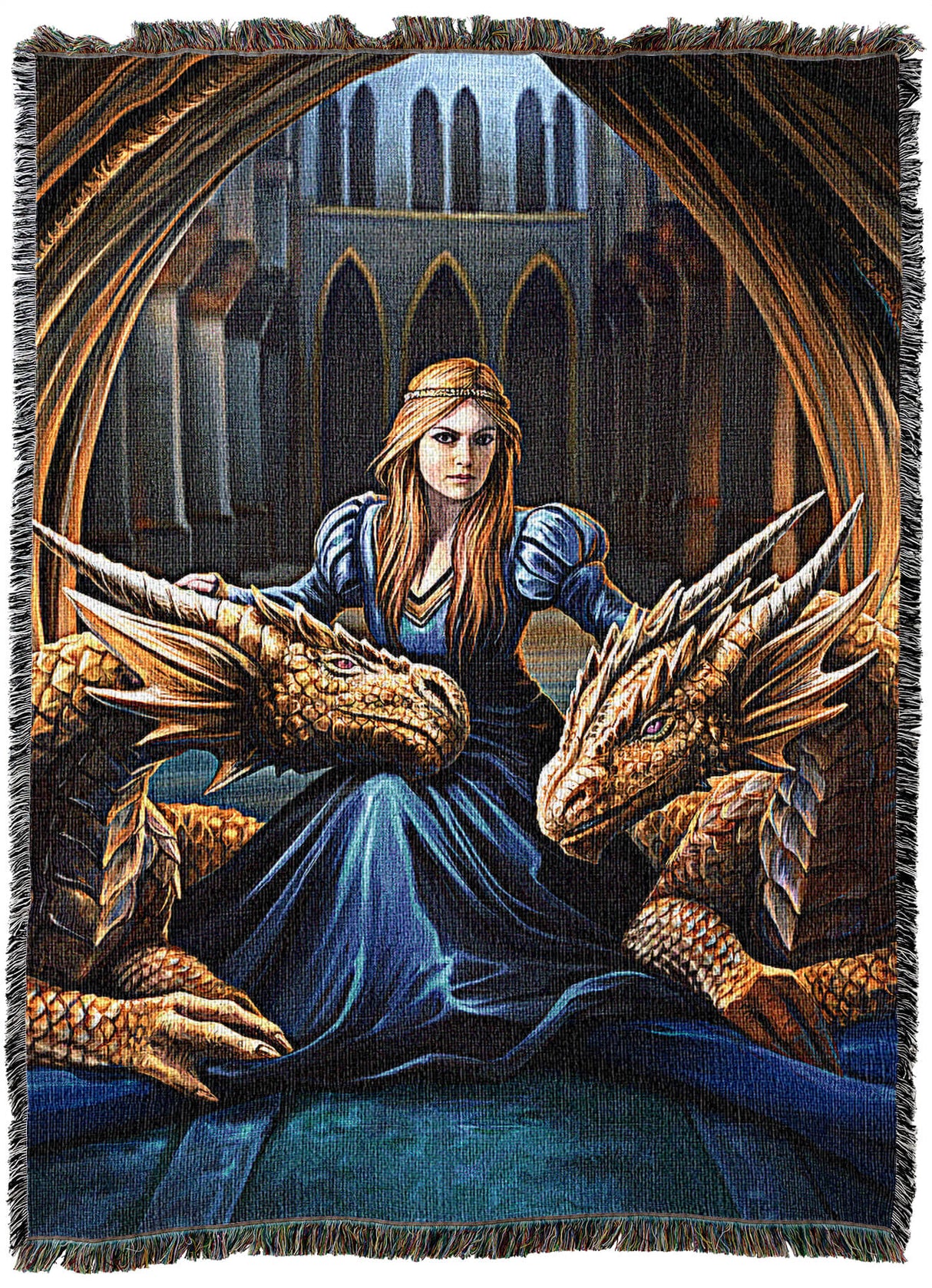 Tapestry blanket by artist Anne Stokes with a princess in blue flanked by two golden dragons