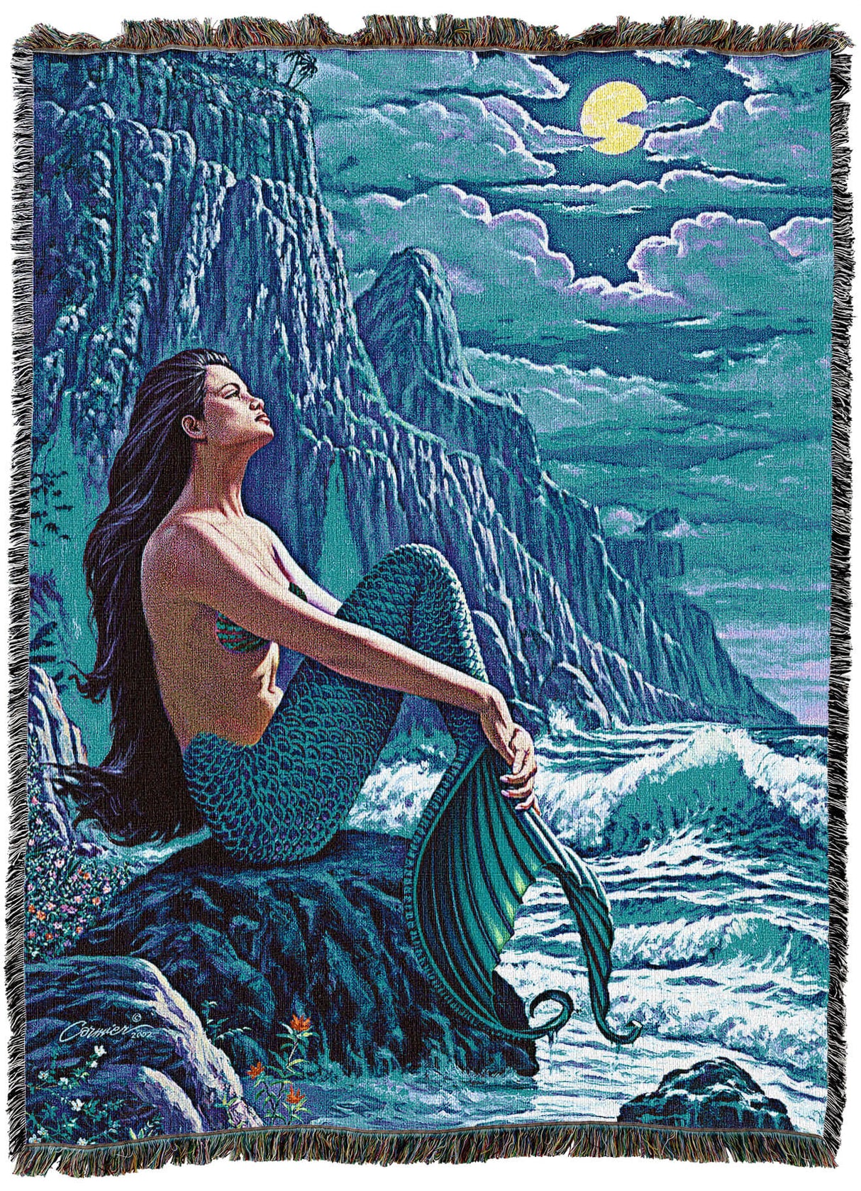 Mermaid tapestry blanket featuring a siren sitting on a rock under the light of the full moon, next to the ocean waves