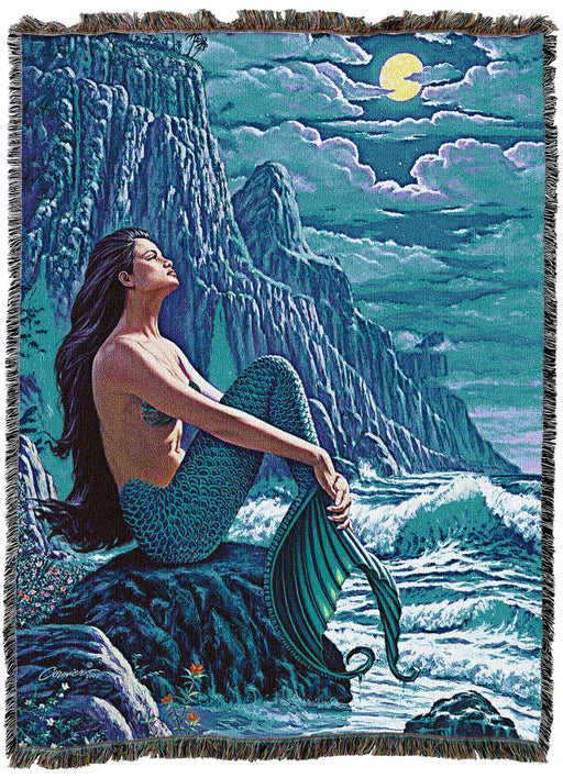 Mermaid tapestry blanket featuring a siren sitting on a rock under the light of the full moon, next to the ocean waves