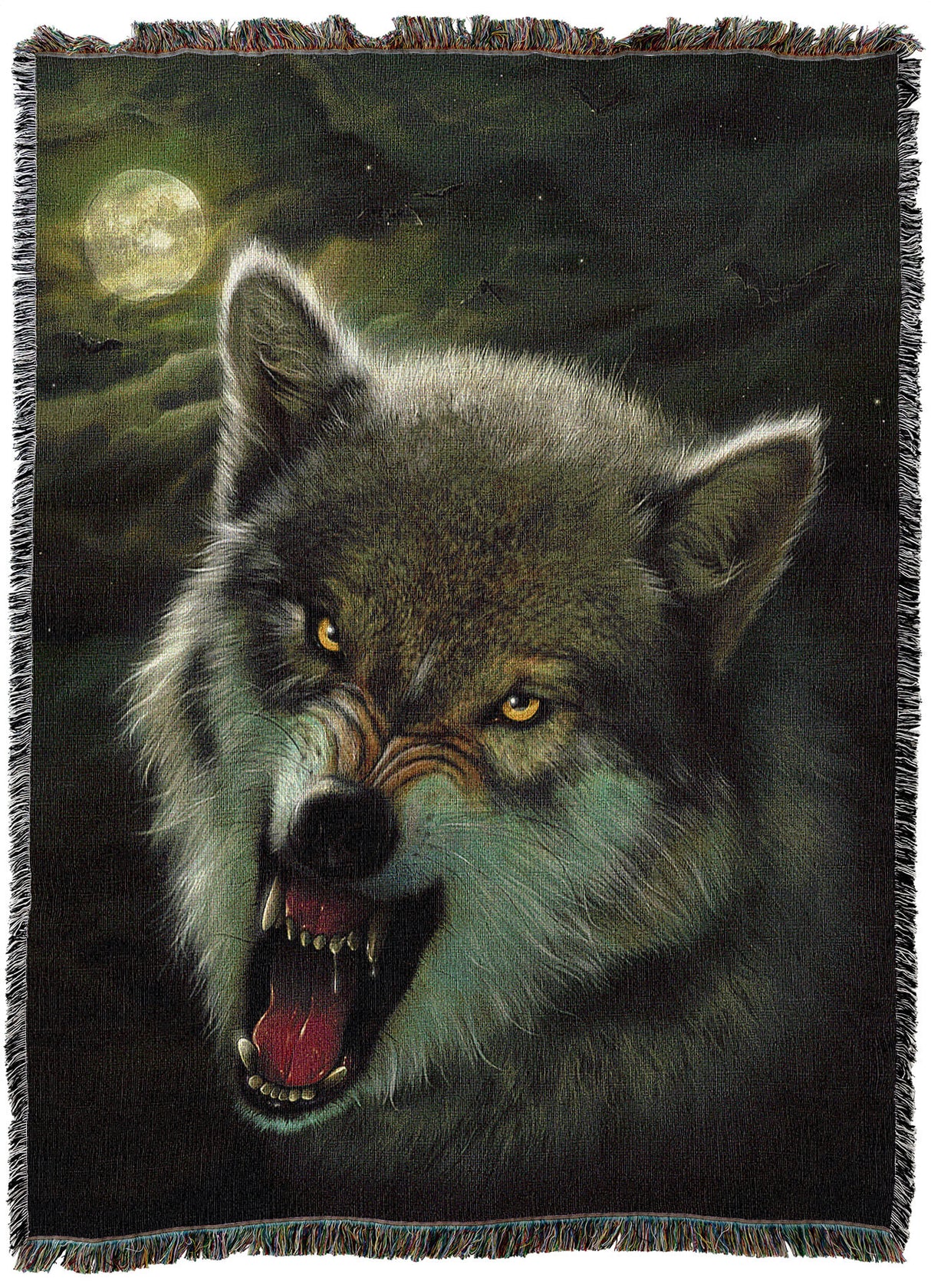 Tapestry blanket with art by Vincent Hie showing a gray werewolf with gold eyes snarling under a full moon
