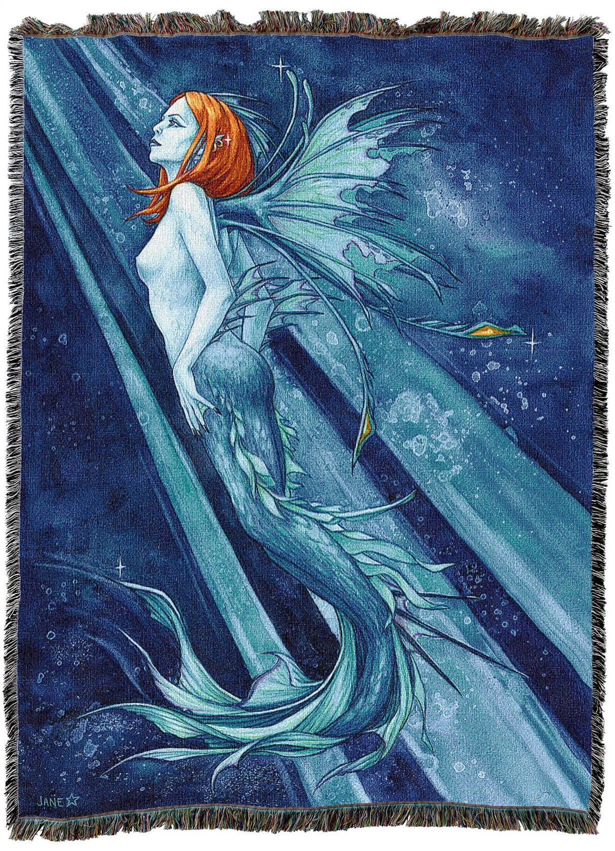 Tapestry blanket featuring a red haired mermaid in blue in a sunbeam