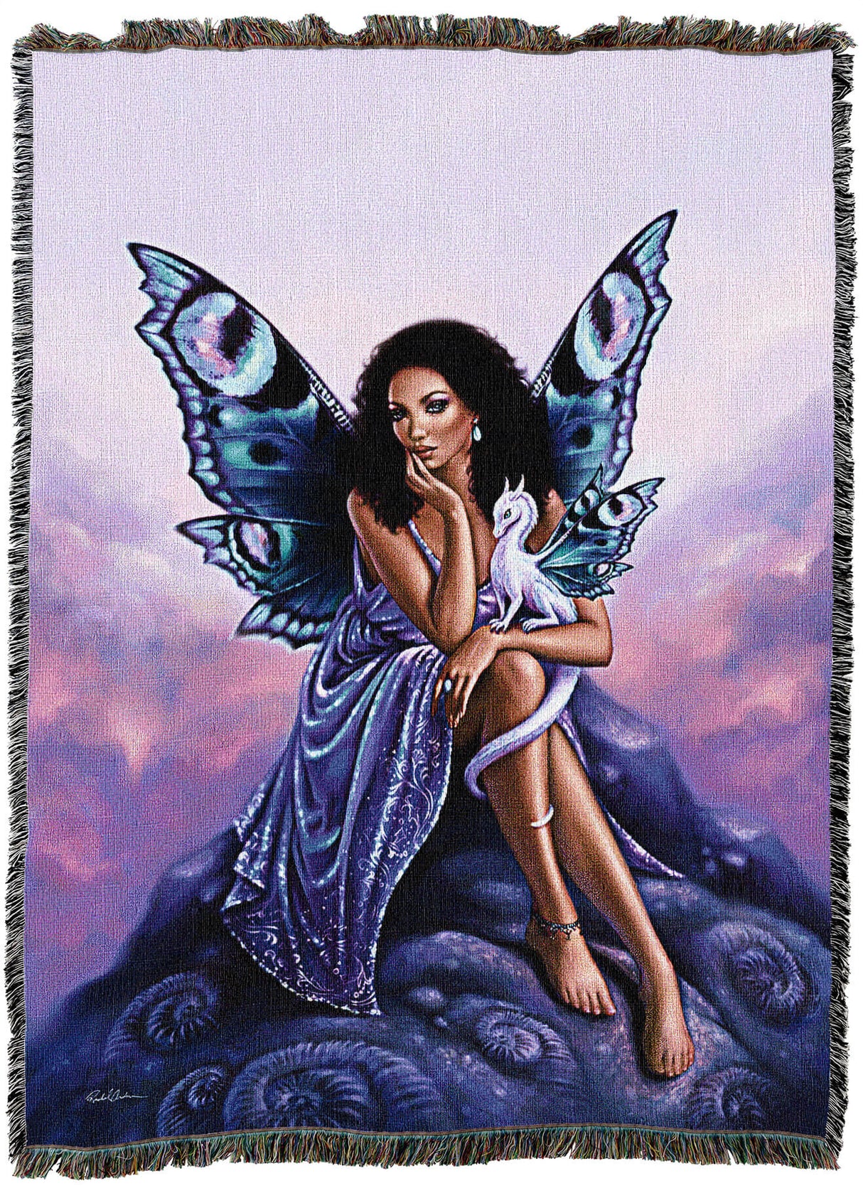 Tapestry blanket with art by Rachel Anderson featuring a dark haired exotic fairy with butterfly wings and her matching white dragon friend