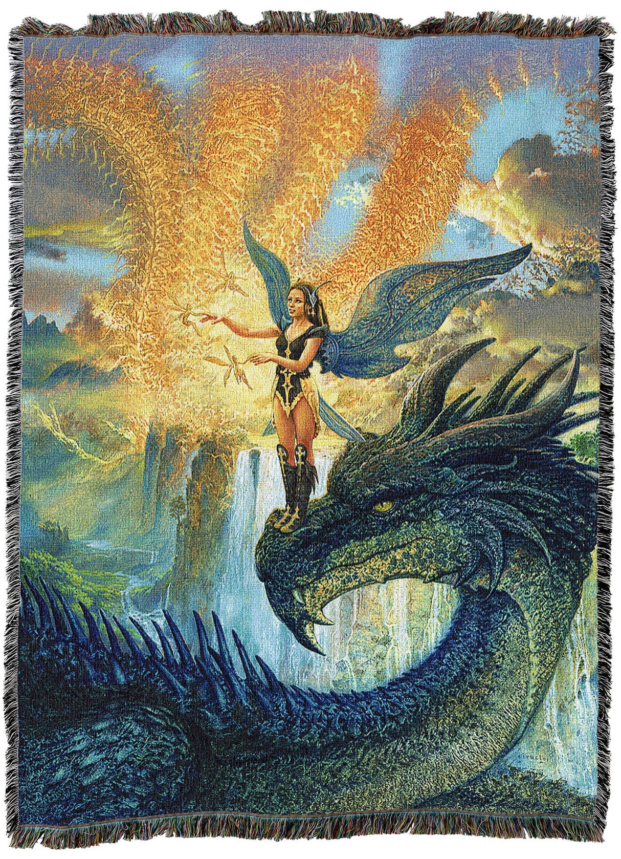 Fairy and dragon tapestry throw blanket by Ciruelo